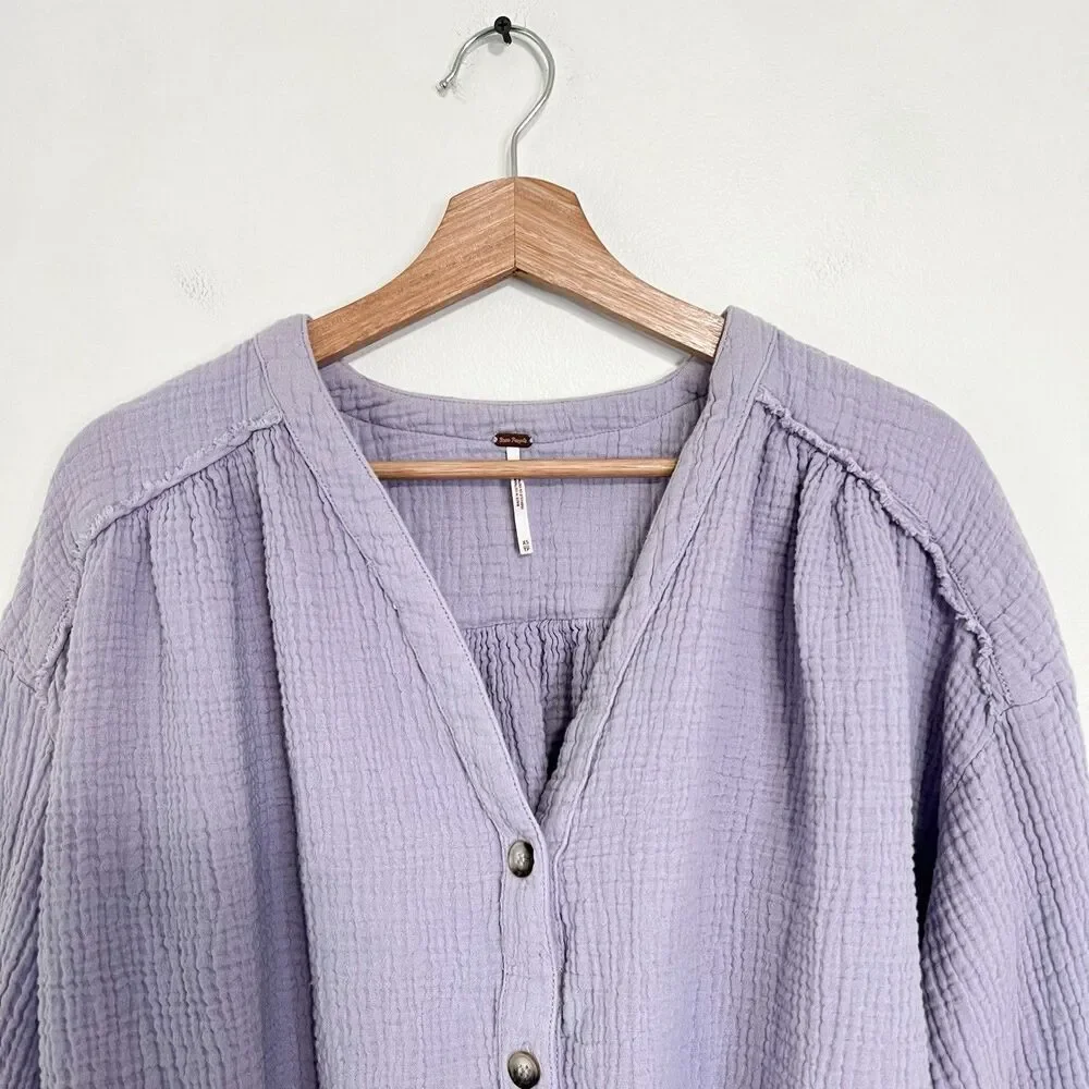 Free People Rising Sun Textured Relaxed Gauze Button Front Blouse XS Lavender